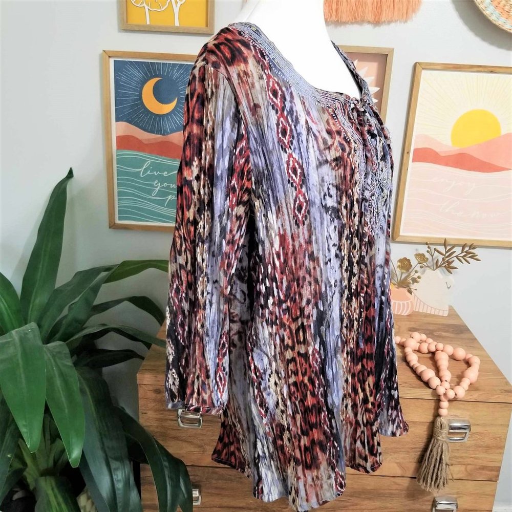 Top, Blouse. Blue, Brown, Rust Multi Pattern. Emb… - image 2